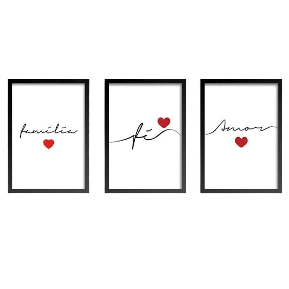 Conjunto Quadros Decorativos Fé Amor Família Com Vidro A4