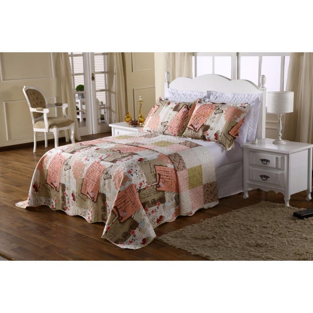 Colcha Casal Padrao Bouti 03 Peças Estampa Patchwork Rose