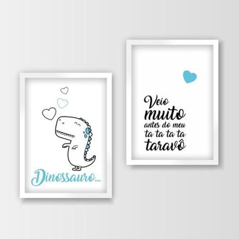 Kit 2 Quadros Dinossauro Ta Ta Ta Ta Taravô Azul A4