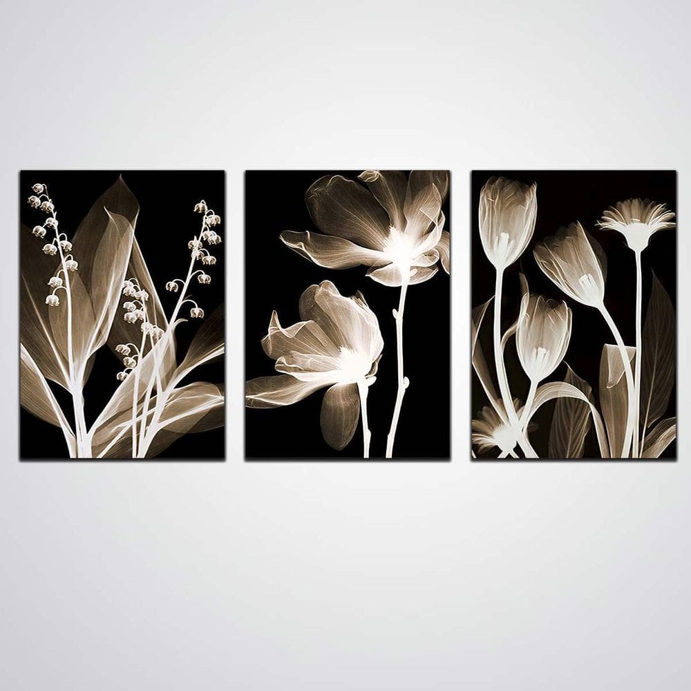 Kit 3 Quadros Decorativos Flores Tons De Cinza