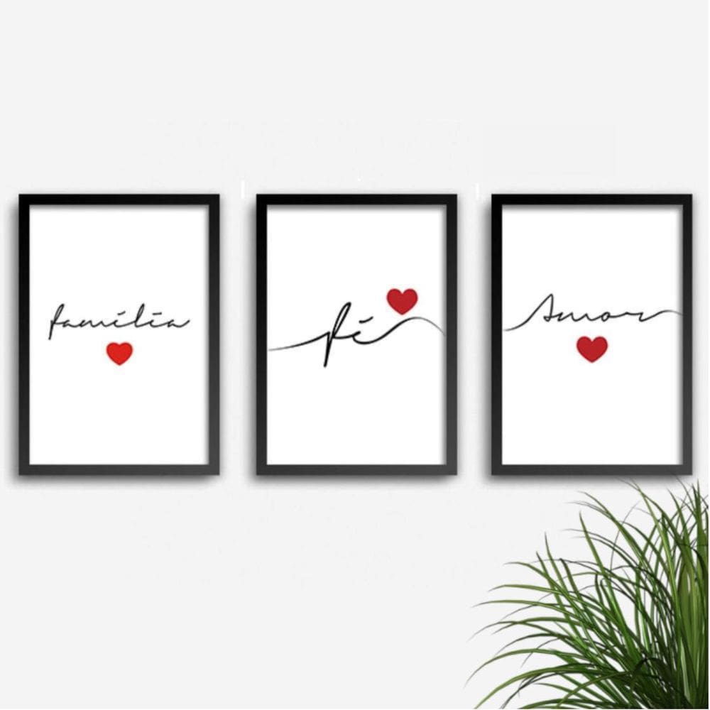 Conjunto Quadros Decorativos Fé Amor Família com Vidro A4
