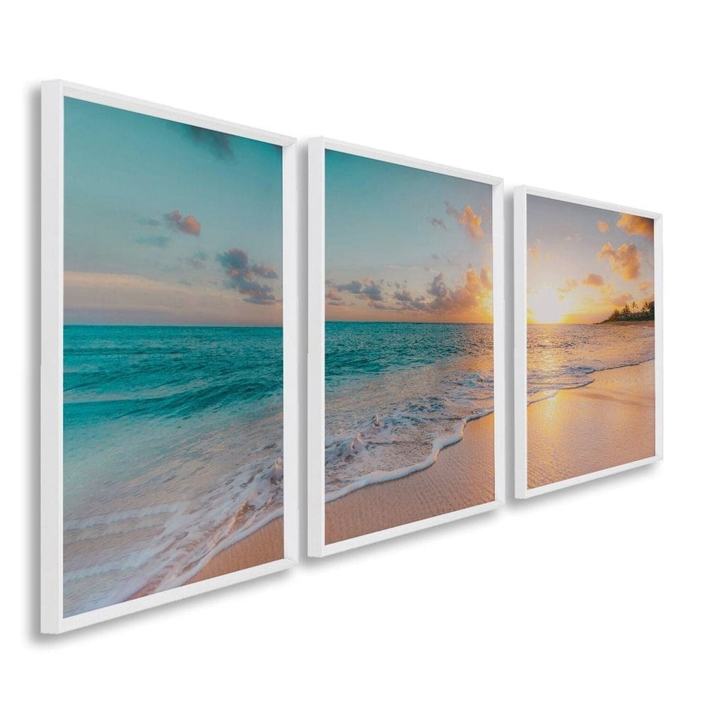 Quadro Decorativo Paisagem Praia, Mar e Pôr do Sol 60x90 para Sala, Casa de Praia, Banheiro Branco