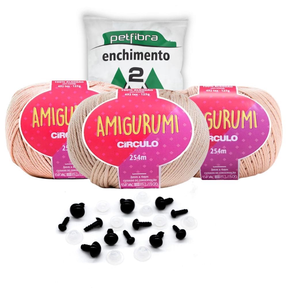 Kit 3 Linhas Amigurumi Círculo Tons de Bege com Enchimento + 5 pares de Olhos Preto