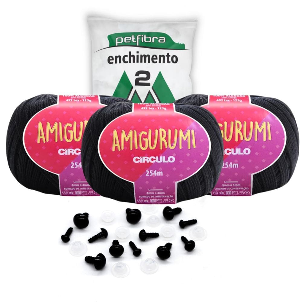 Kit 3 Linhas Amigurumi Círculo Preto com Enchimento + 5 pares de Olhos Preto