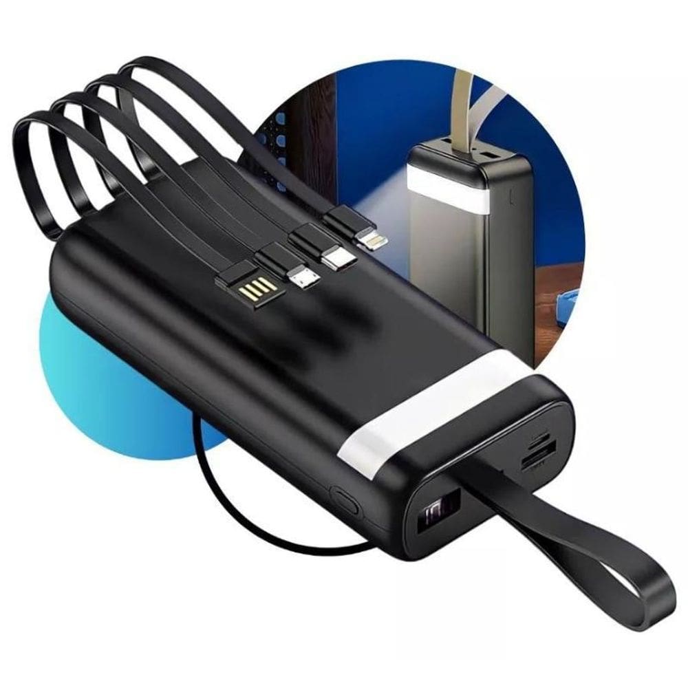 Carregador Portátil 20000Mah Com Cabos Embutidos Preto