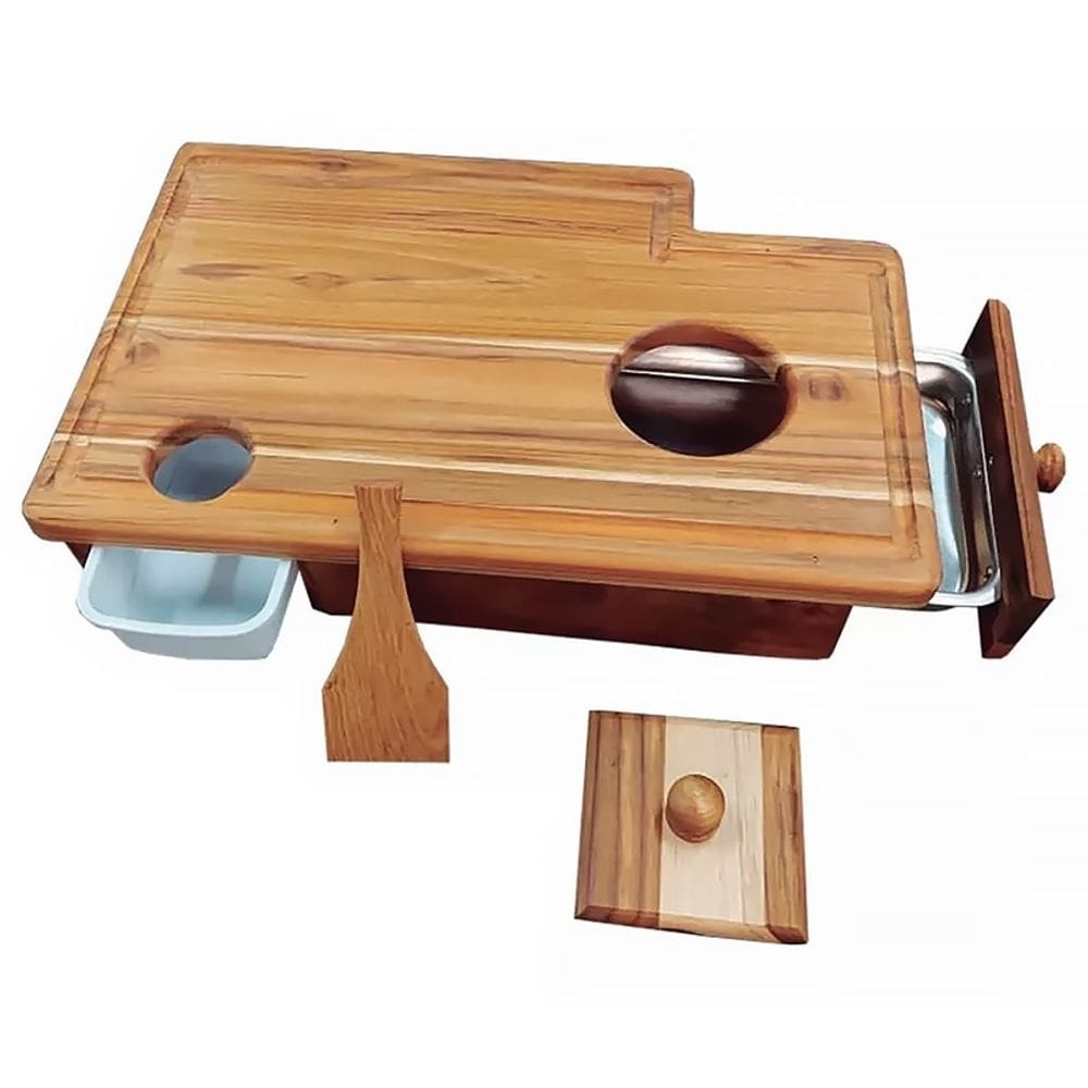 Tábua para Churrasco Carne com Gaveta e Dispenser Madeira Teca 48x32cm 101 - Dorémi Grill