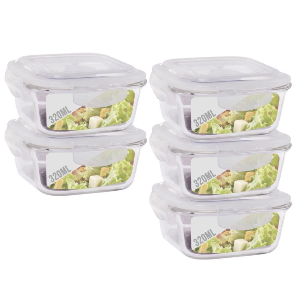 Conjunto 5 Potes Vidro 320ml Hermético 4 Travas Alimentos
