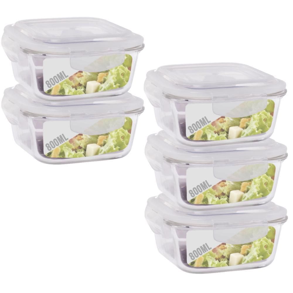 Conjunto 5 Pote Vidro Hermético Marmita Tampa 4 Travas 800ml
