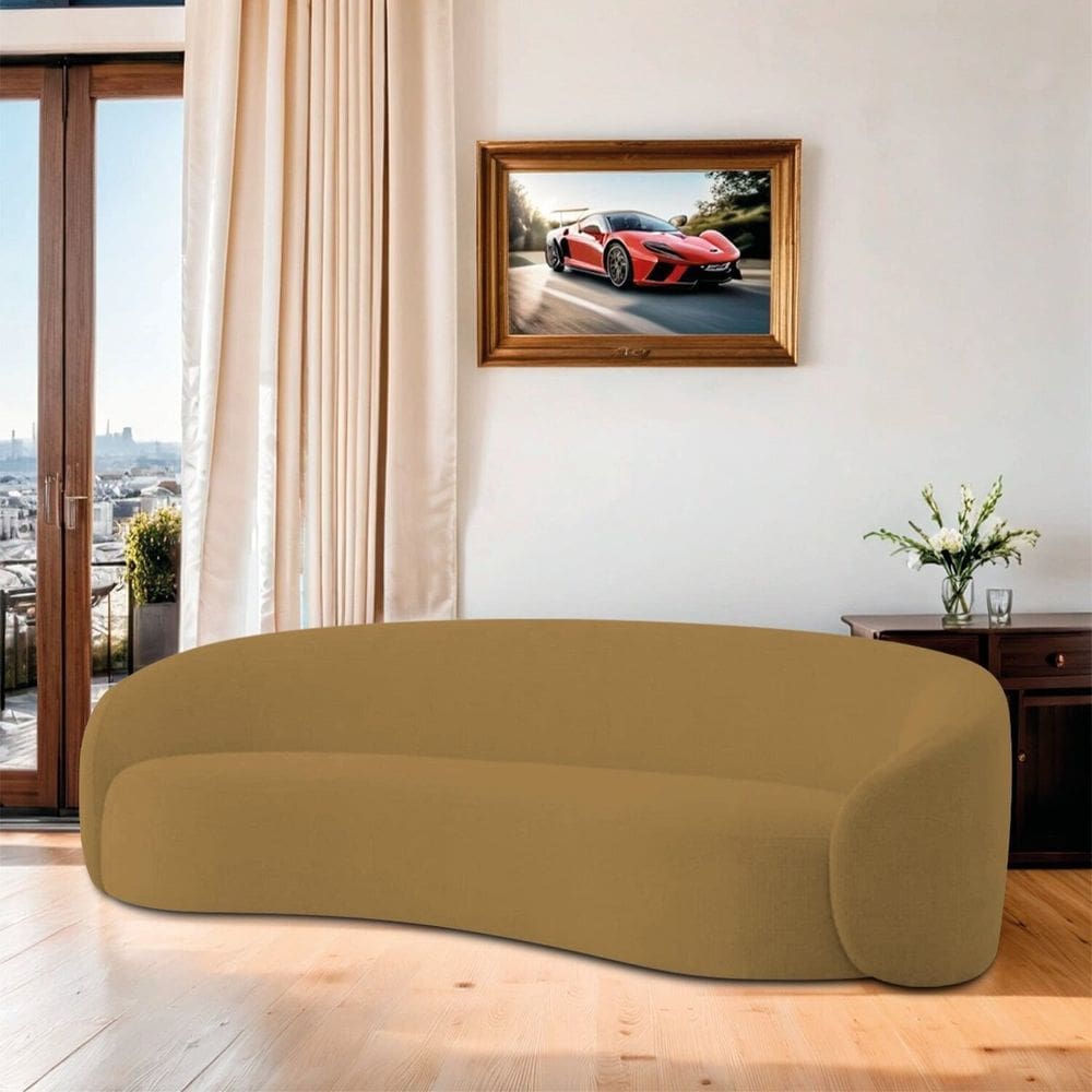 Sofá Curvo Orgânico Sala Recepção 3 Lugares Alemanha 200cm Bouclé Caramelo