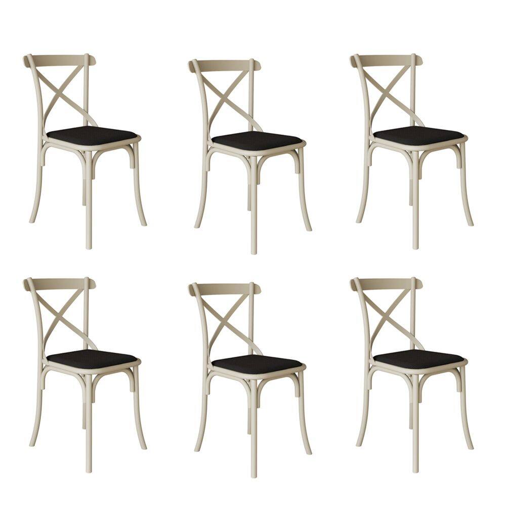 Kit 6 Cadeiras Katrina Assento Corano Preto Aço Off White