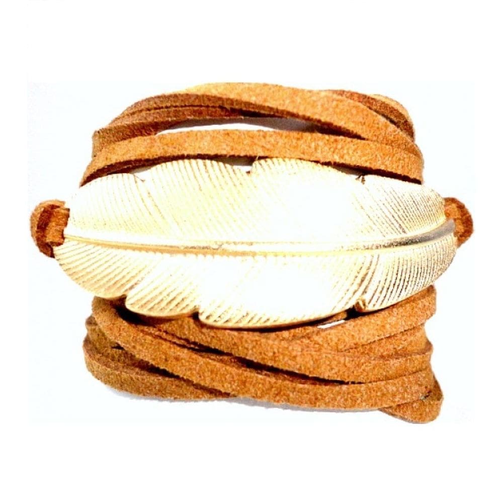 Pulseira Cordão De Camurça Pena Dourada