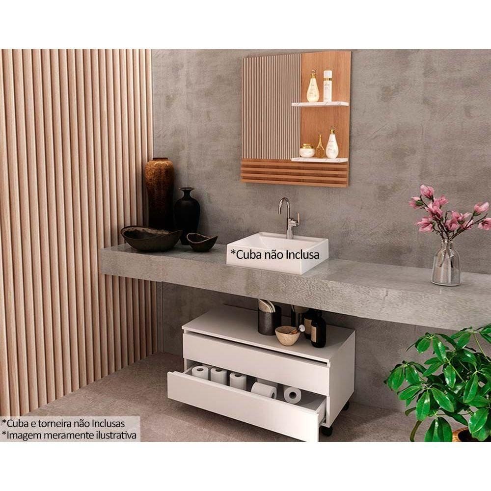 Conjunto de Banheiro Balcão c/ Rodizios BN3603 s/ Cuba 80cm e Armário c/ Espelho BN3614 cor Amendoa/Marmore Branco - Tecno Mobili