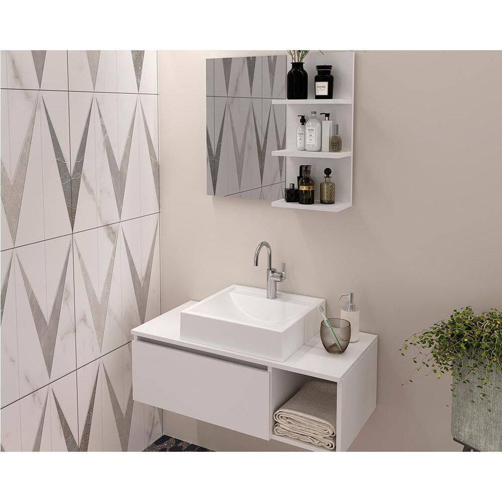 Conjunto de Banheiro Balcão Suspenso BN3601 s/ Cuba 80cm e Armário c/ Espelho BN3608 Branco - Tecno Mobili