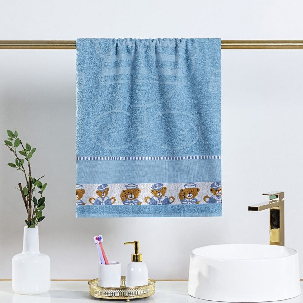 Toalha Avulsa Fantasy Infantil 100% Algodão - 1,15m x 75cm - Ursinho Marinheiro - Azul