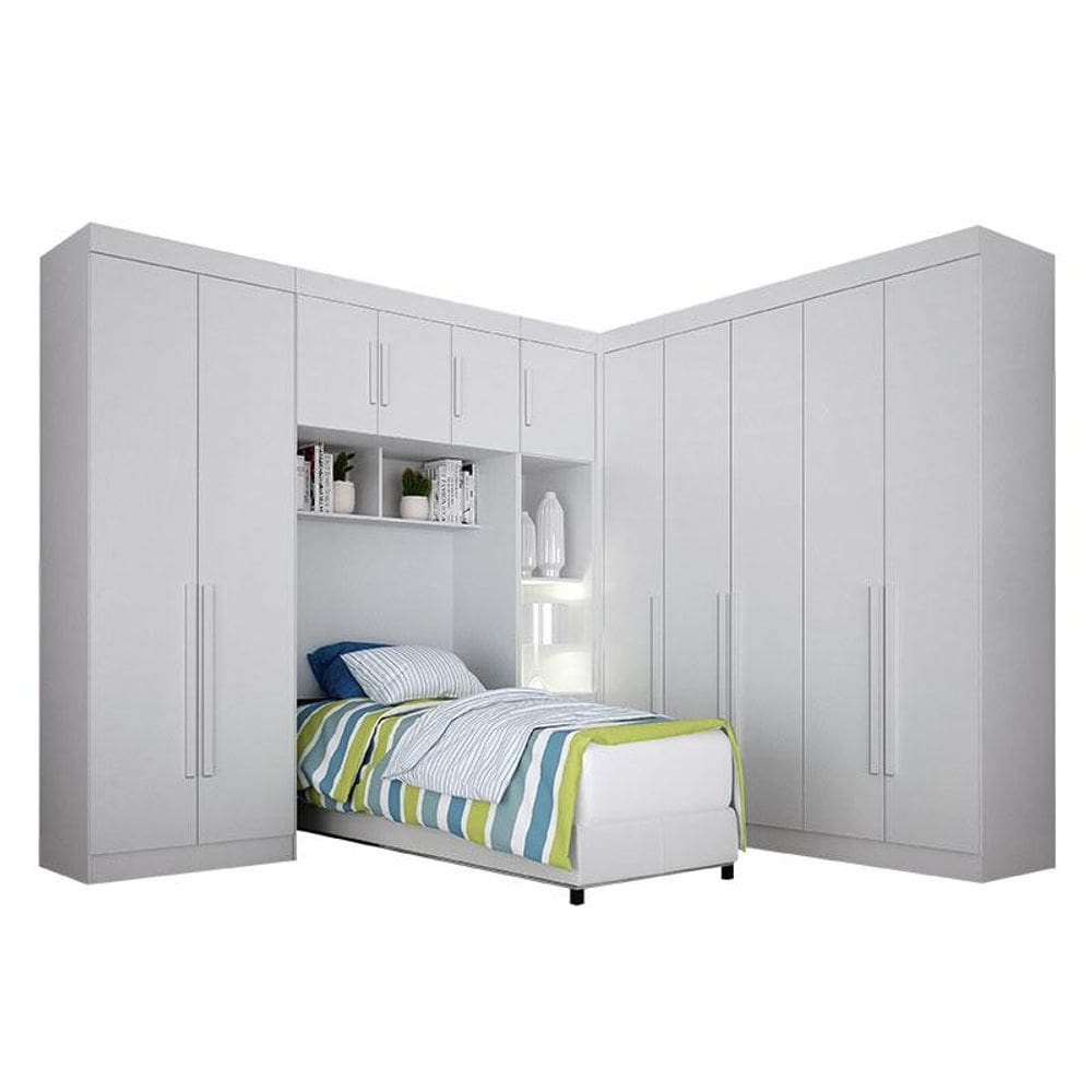 Quarto de Solteiro Modulado 11 Portas Orion Branco - Leifer Móveis