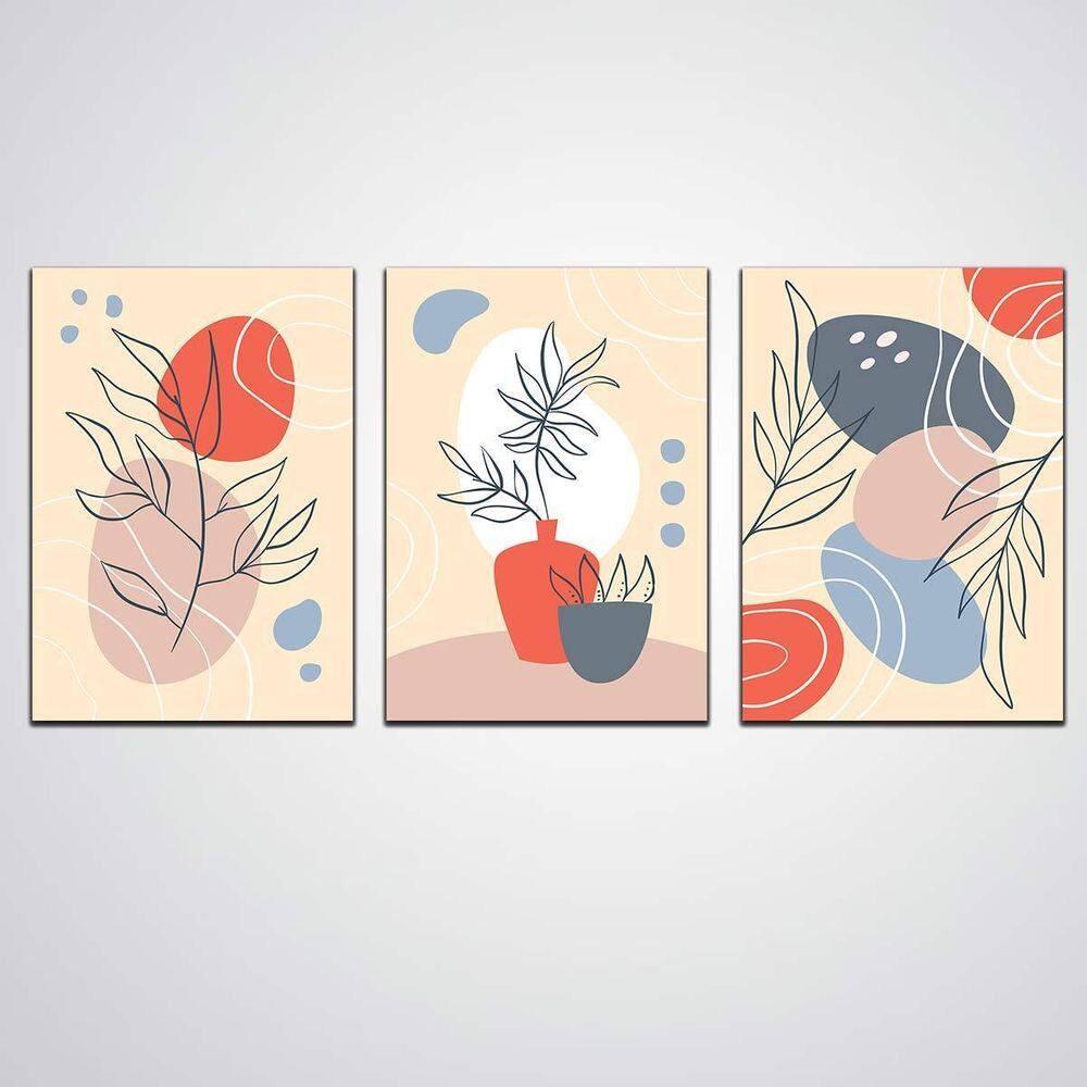 Quadro Decorativo 3 Peças Abstrato Flores E Plantas