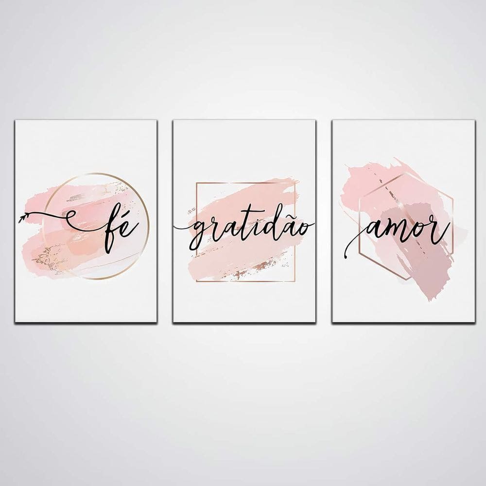 Quadro Decorativo 3 Peças Fé Amor Gratidão Quadro Mdf