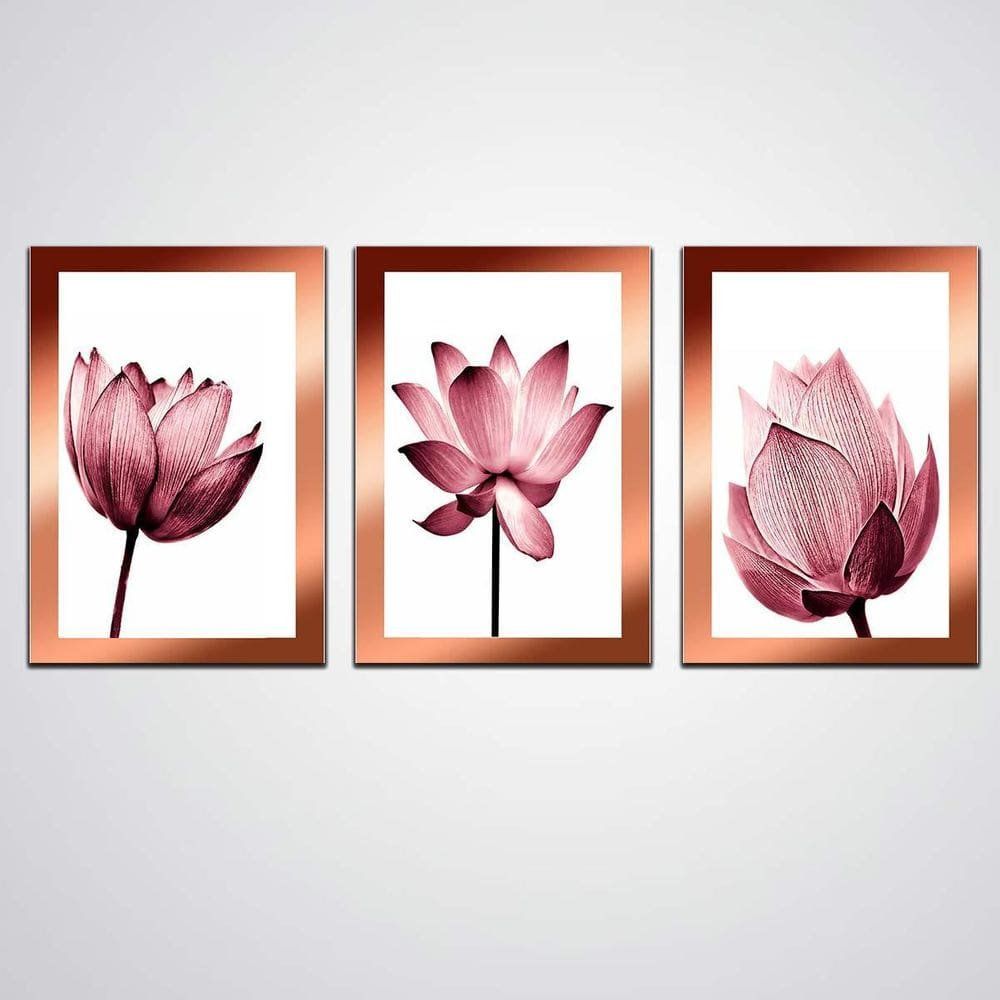 Quadros Abstrato Flores Rosas Kit Com 3 Mdf