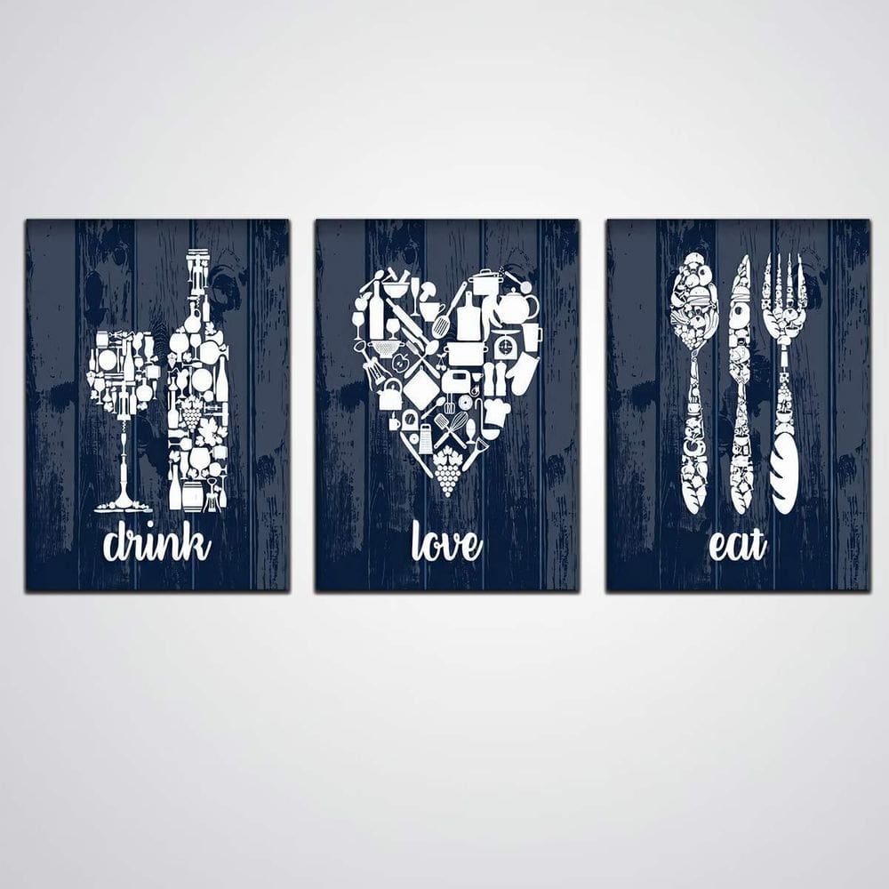Quadros Cozinha 3 Peças Drink, Love, Eat Decorativa