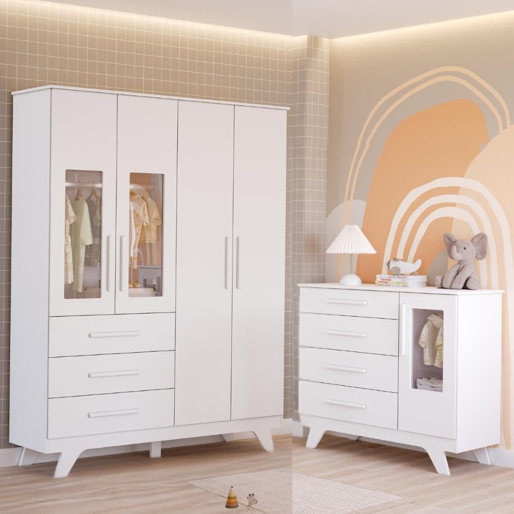 Quarto Bebê Retrô Janelado Completo Guarda Roupa 4 Portas 3 Gavetas Cômoda 4 Gavetas 1 Porta 100% MDF Móveis Peroba