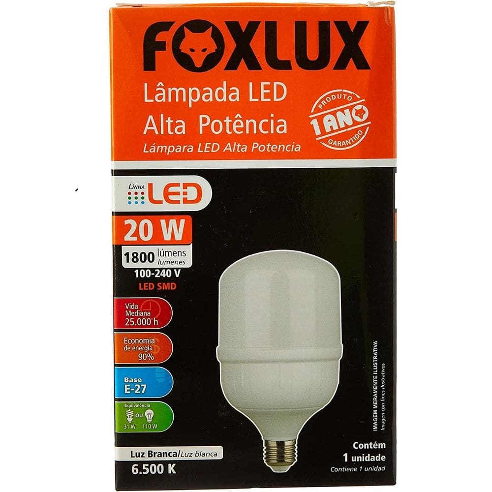 Lâmpada LED 20W Bulbo de Alta Potência Bivolt Luz Branca 6500K Foxlux