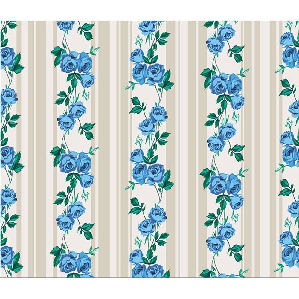 Papel de Parede Auto Adesivo Lavável Listrado Floral Azul