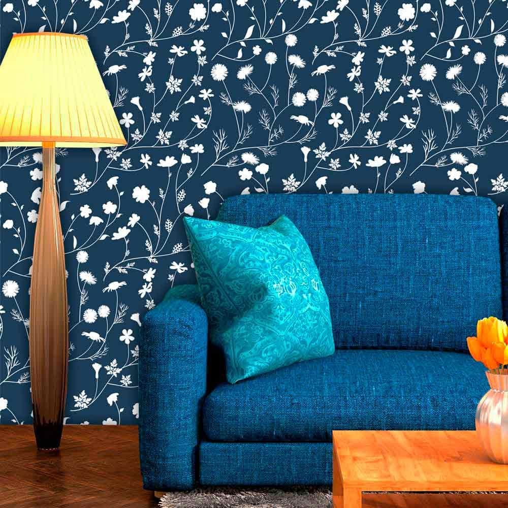 Papel de Parede Adesivo Lavável Floral Azul Marinho