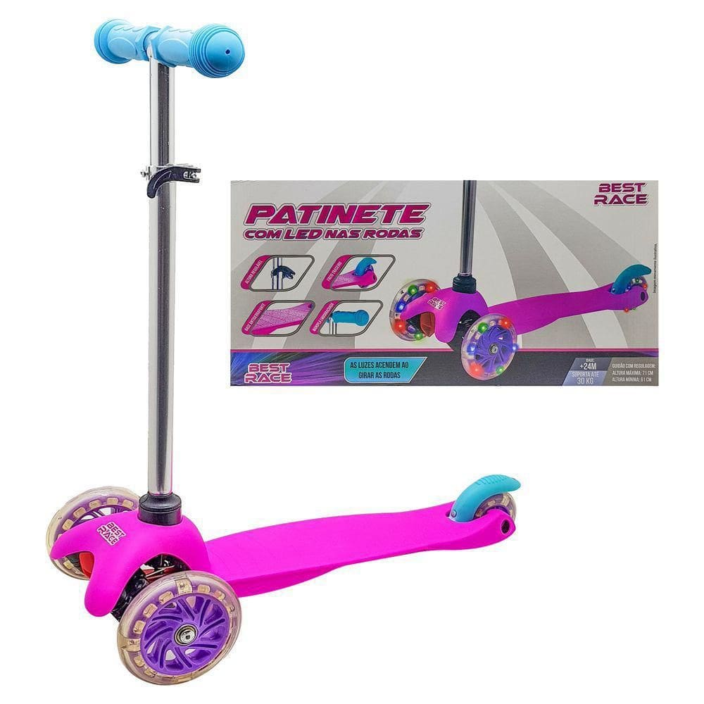 Patinete Infantil Com 3 Rodas E Leds Rosa