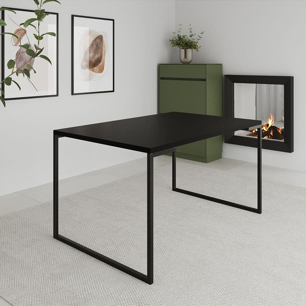 Mesa de Jantar Industrial Aço e Madeira Preta Manchester