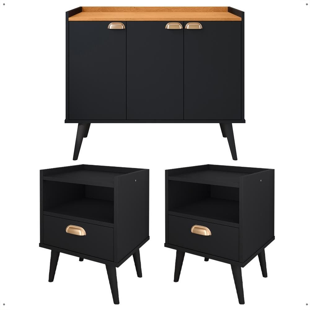 Kit 2 Mesas Cabeceira Estilo Mesinha Quarto Aparador Buffet Truzzi Puxador Concha Pés Palito Retrô Cozinha Sala Jantar Preto/Cinamomo - Lojas RPM