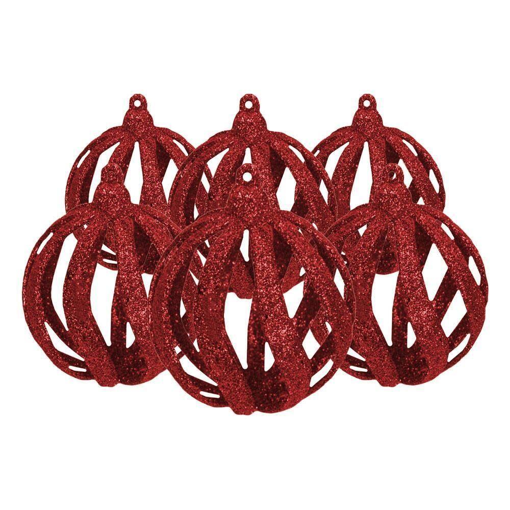 Kit Bola De Natal 8Cm Vermelha Glitter Vazado 6Und Cromus