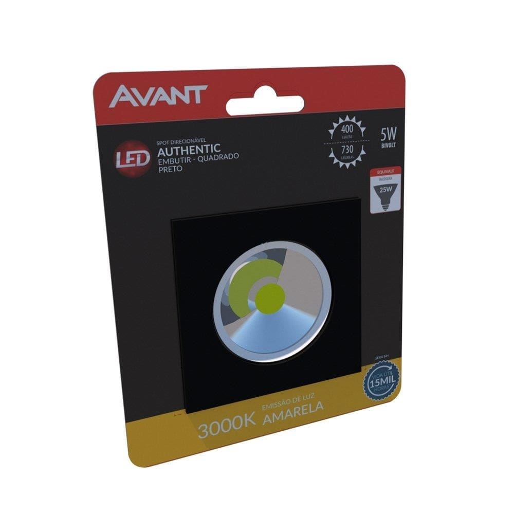 Spot Avant Led Authentic Quadrado Embutir Preto 5W 4,0K 400 Lumens