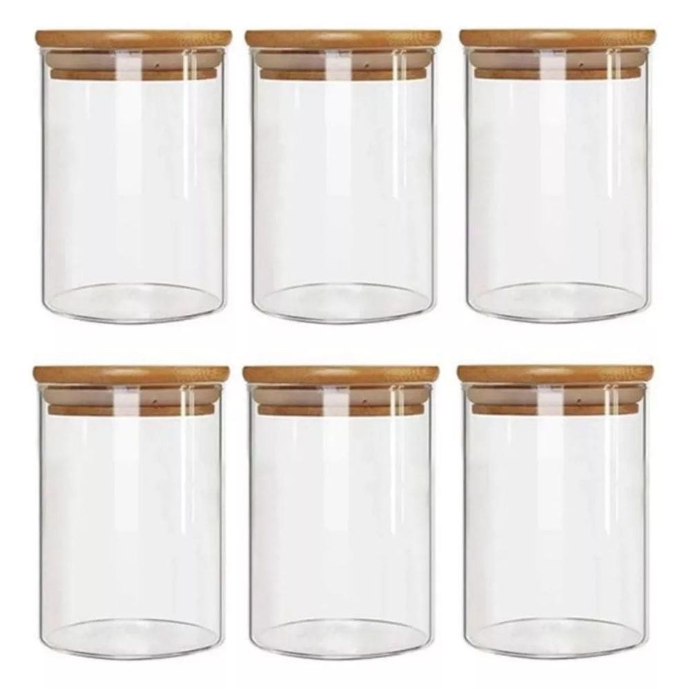 Kit com 6 Potes 450ml Hermético de Vidro Com Tampa De Bambu