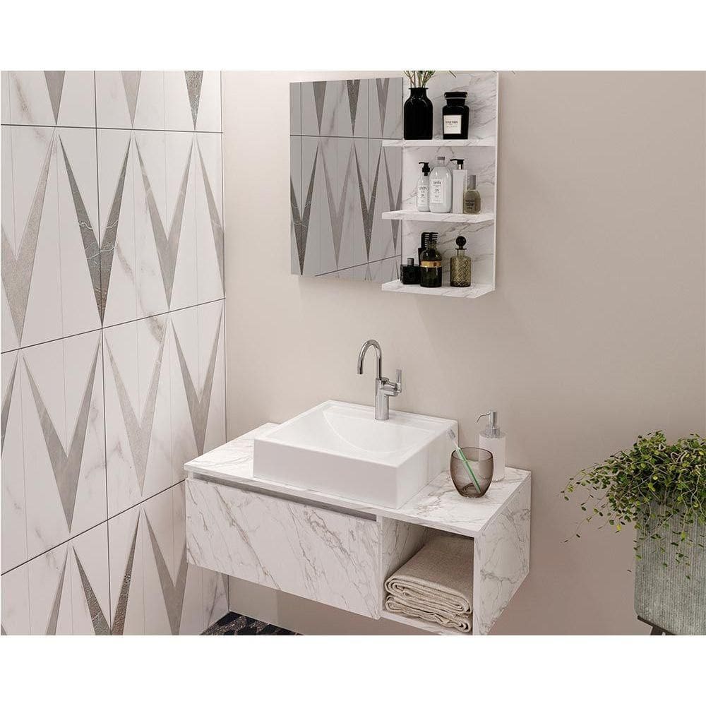Conjunto de Banheiro Balcão Suspenso BN3601 s/ Cuba 80cm e Armário c/ Espelho BN3608 cor Mármore Branco - Tecno Mobili