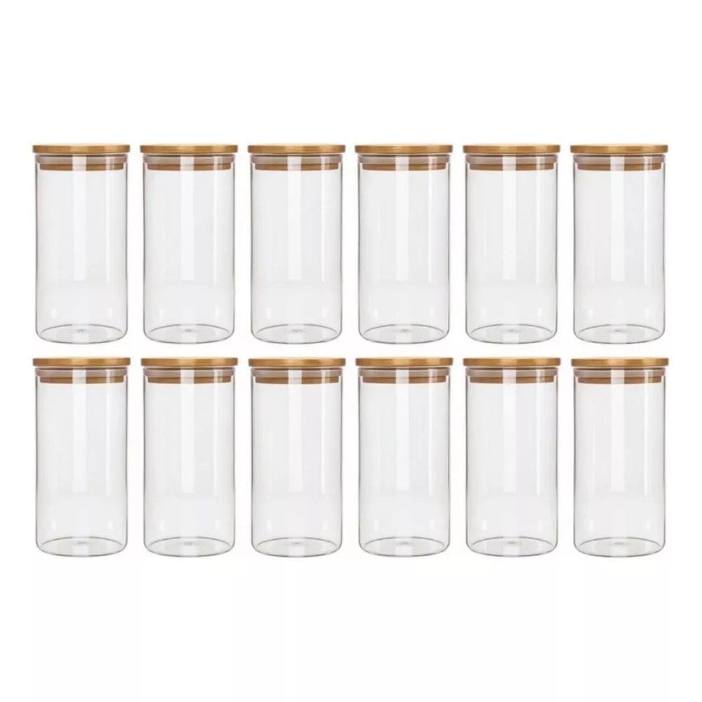 Kit com 12 Potes 450ml Hermético de Vidro Com Tampa De Bambu