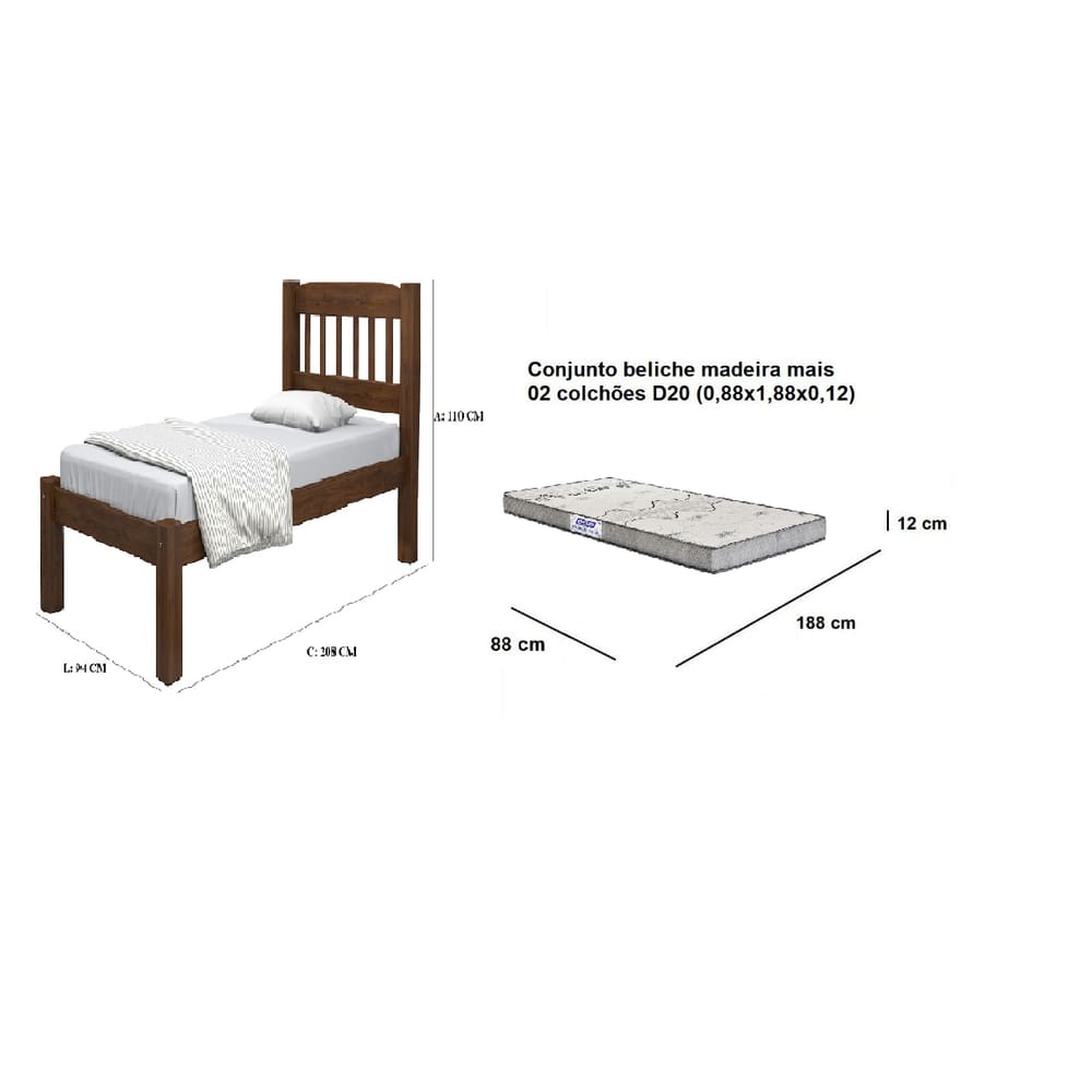 Cama Solteiro Itália madeira com 01 colchão (88x188x12) gazin d20