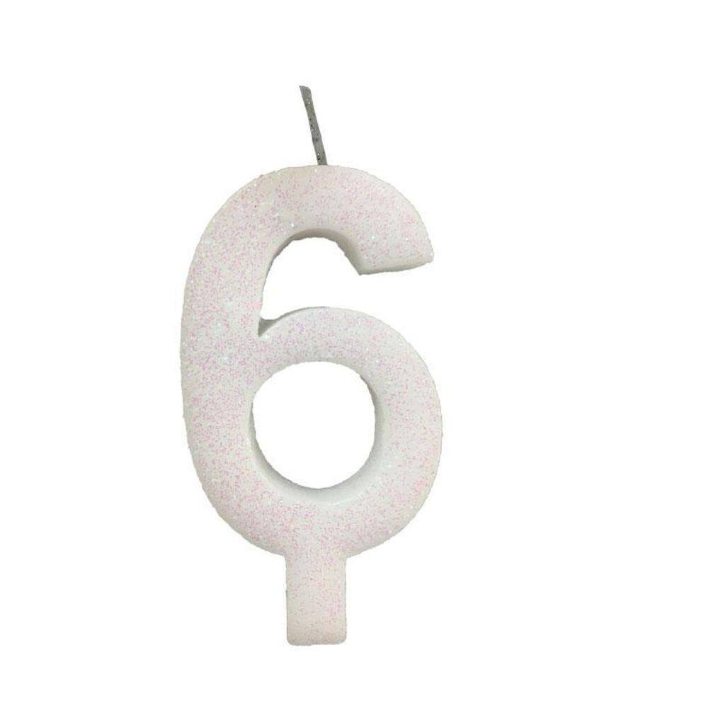 Vela De Aniversário 6 Branca Glitter
