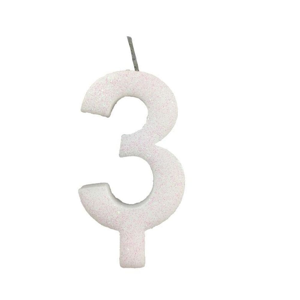 Vela De Aniversário 3 Branca Glitter