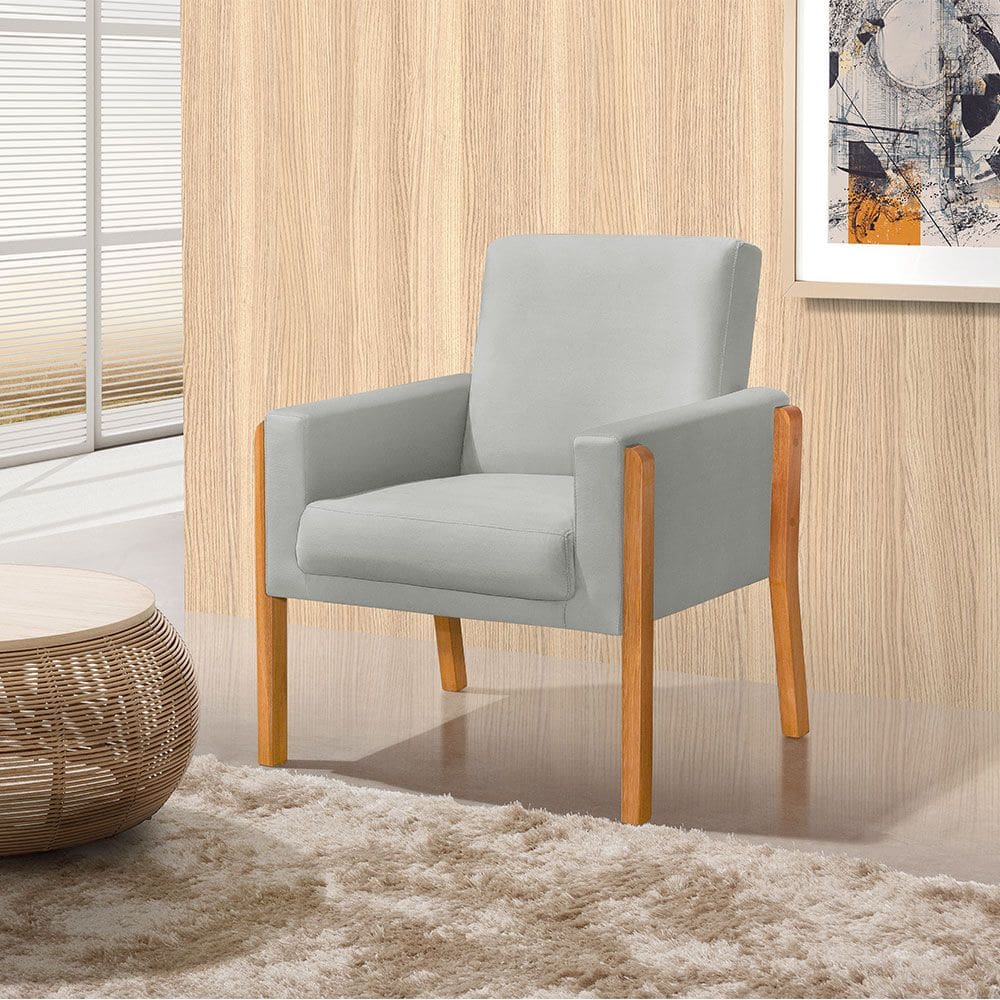 Poltrona Sala de Espera Pés em Madeira Santorini Veludo Cinza Claro