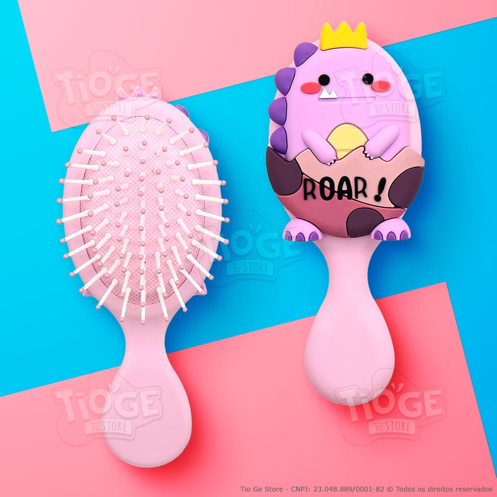 Escova de Cabelo Mini Dinossauro Fofa Infantil Desembaraçante Almofada Cerdas Ultramacias Lilás