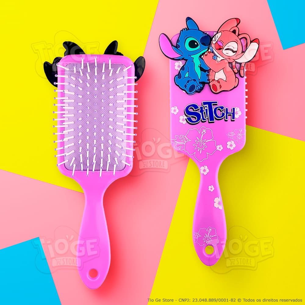Escova de Cabelo Stitch & Angel Fofa Infantil Desembaraçante Almofada Cerdas Ultramacias Aplique Emborrachado 3D Lilás