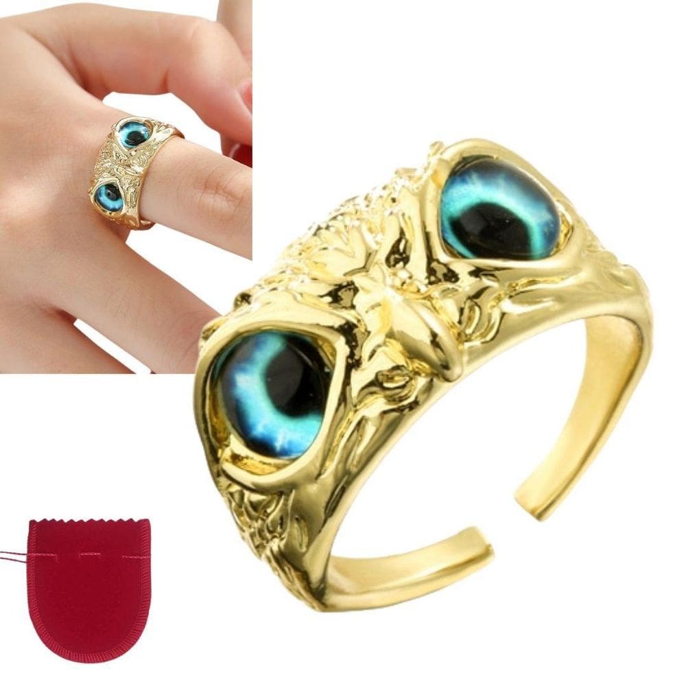 Anel Dourado Banhado A Ouro 18K Coruja Olho Azul Ajustável