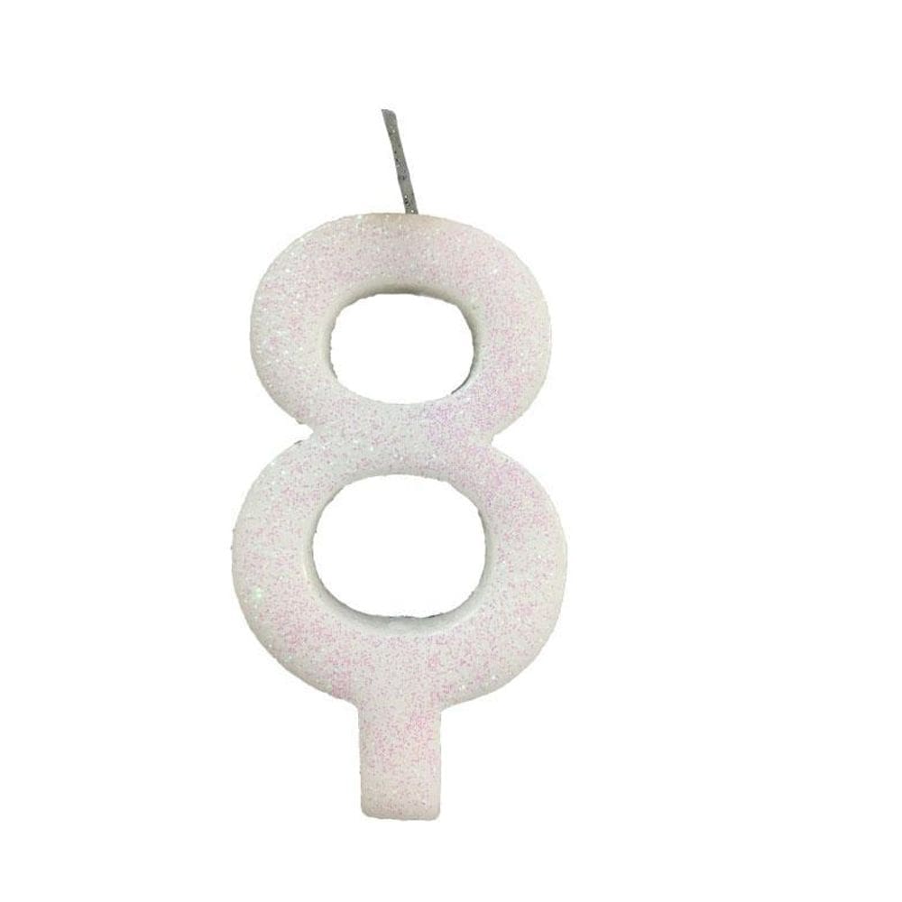 Vela De Aniversário 8 Branca Glitter
