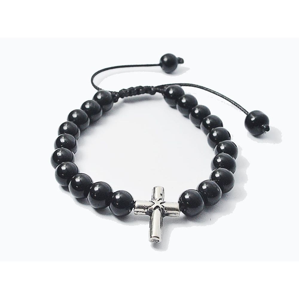Pulseira De Bolinha Preta Murano 8Mm Crucifixo Regulável