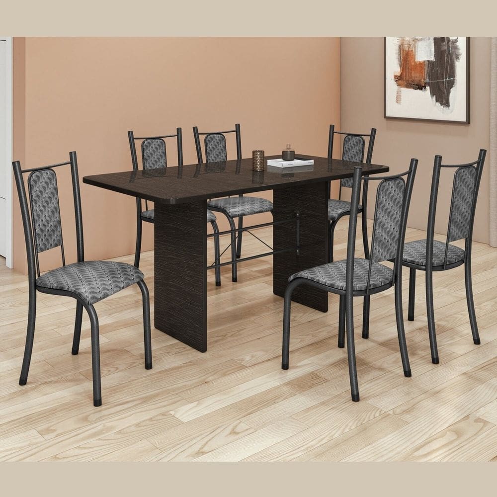 Conjunto Sala de Jantar 6 Cadeiras Mesa 140x75cm Tampo Ardósia Indiano Isabela Martelado Prata / Onda