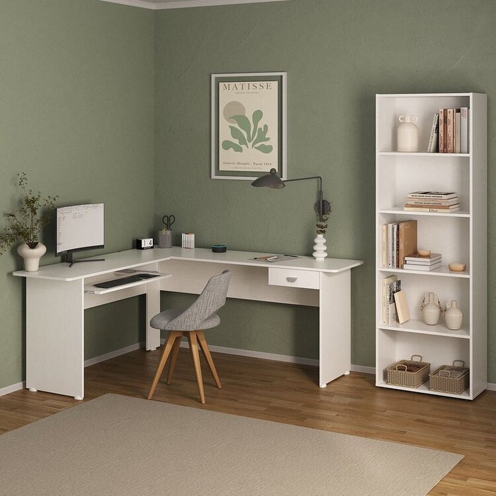 Kit 2 Peças com Mesa para Escritório em L 1 Gaveta e Estante para Livros 5 Prateleiras Branco