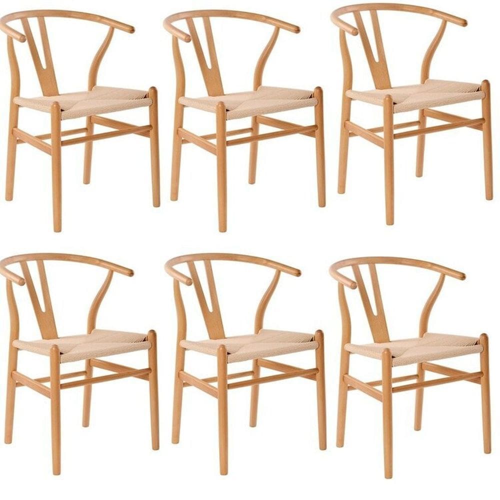 Kit com 6 Cadeiras para Sala de Jantar Wishbone Madeira Maciça Madeira Clara