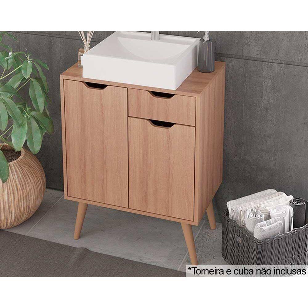 Gabinete de Banheiro c/ Pés BN3637 s/ Cuba 2 Portas e 1 Gaveta60cm Amêndoa - Tecno Mobili