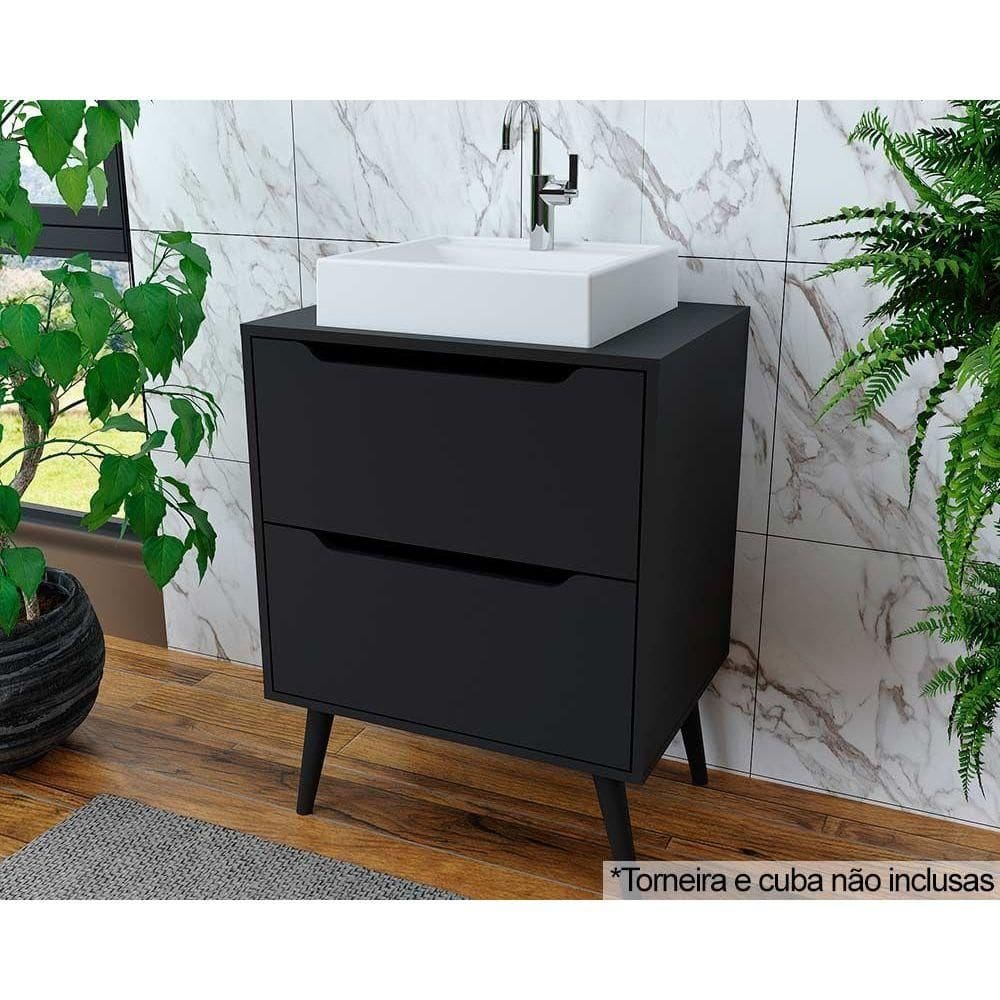 Gabinete de Banheiro c/ Pés BN3639 s/ Cuba 2 Gavetas 60cm cor Preto - Tecno Mobili