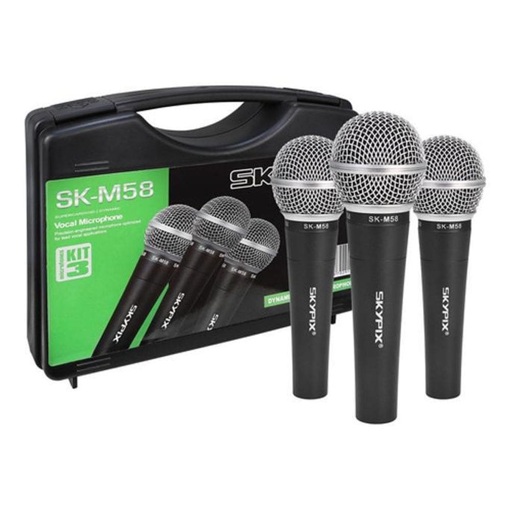 Kit 3 Microfones Com Fio E Maleta Sk Bm58-3 Skypix